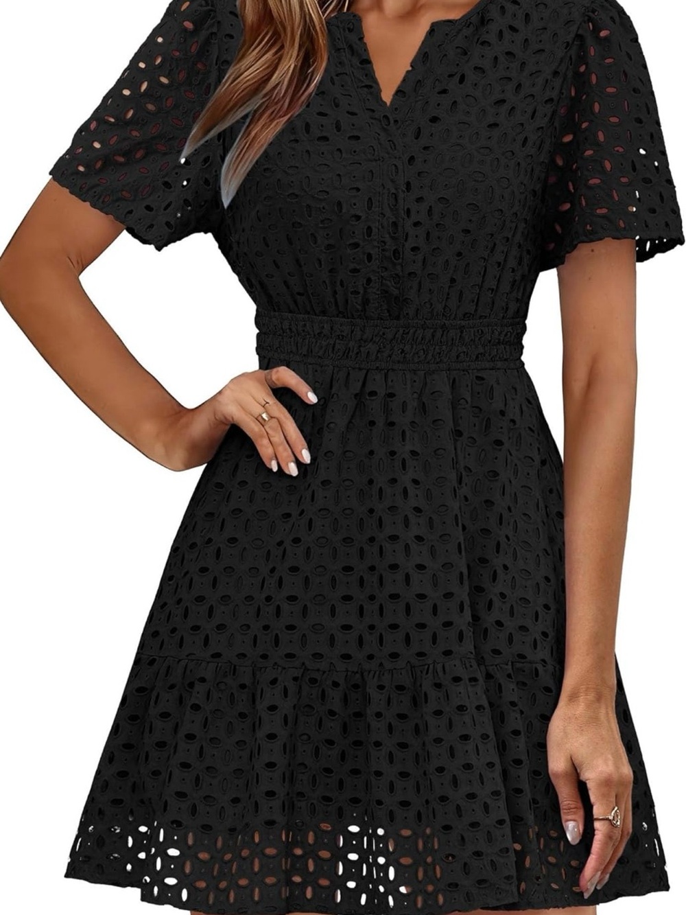 Black Eyelet Short Sleeve Smocked Waist Dress